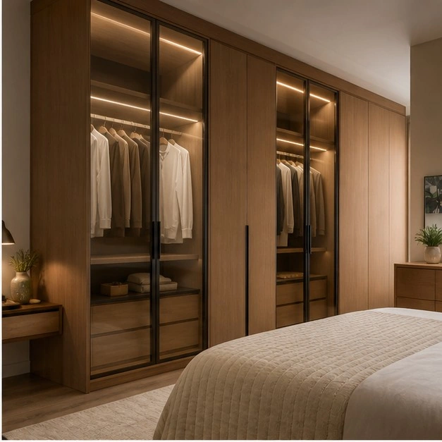 Quarto com guarda-roupa e closet sob medida com portas de vidro